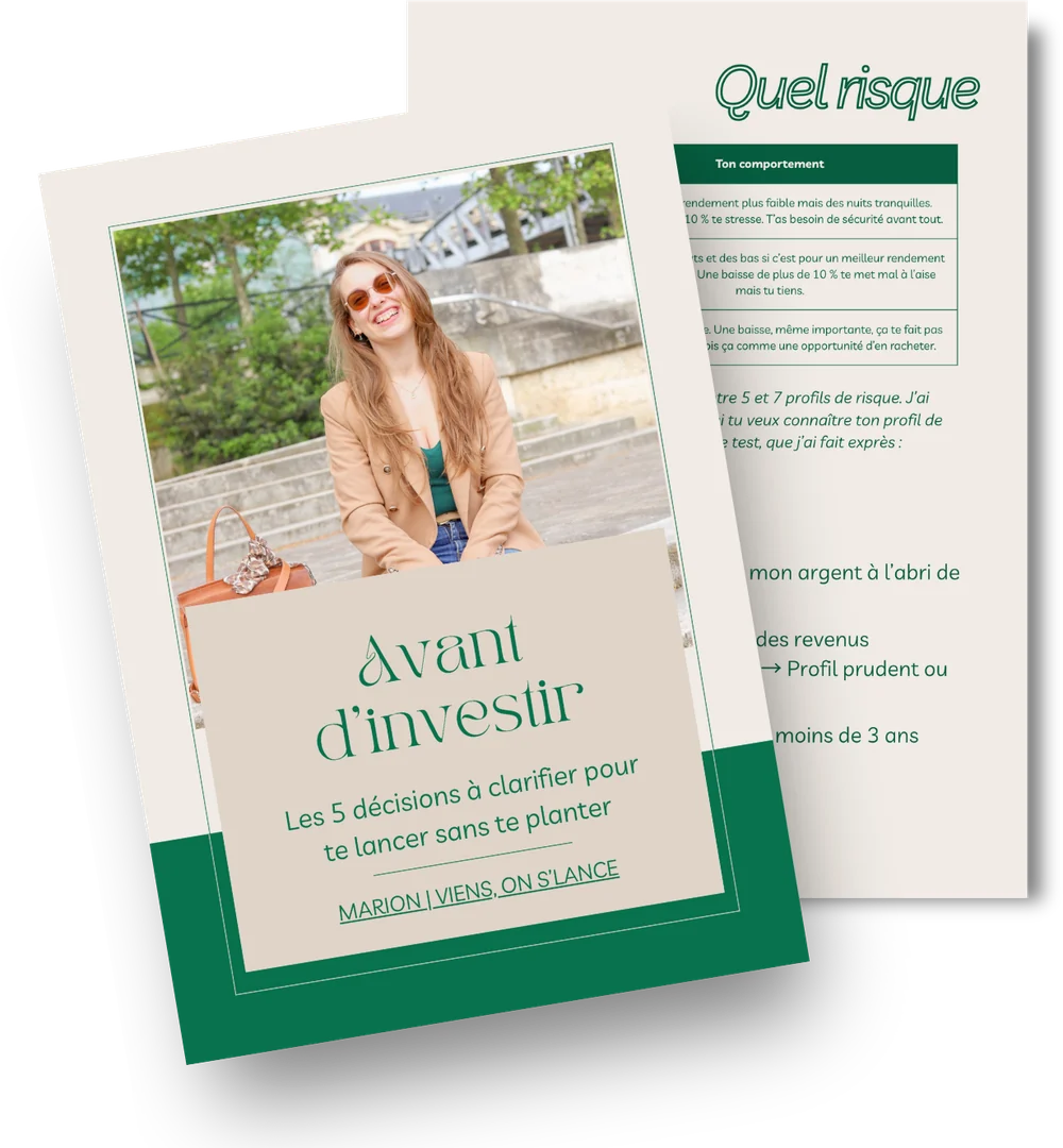 Le guide que faire avant d'investir, sa couverture et une page de l'espace de réflexion à remplir