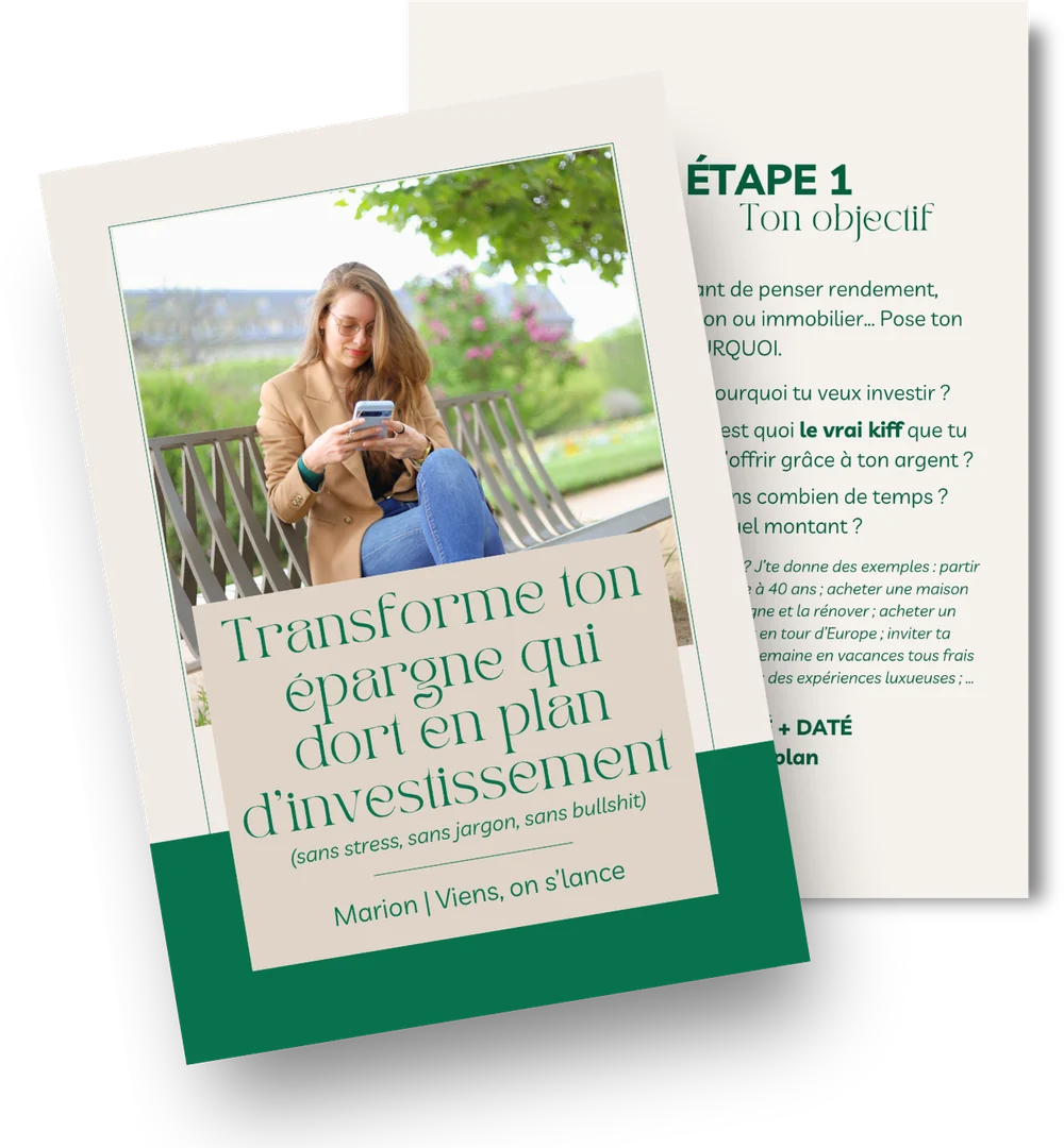 Le guide Transforme ton épargne qui dort, sa couverture et la page de l'étape 1