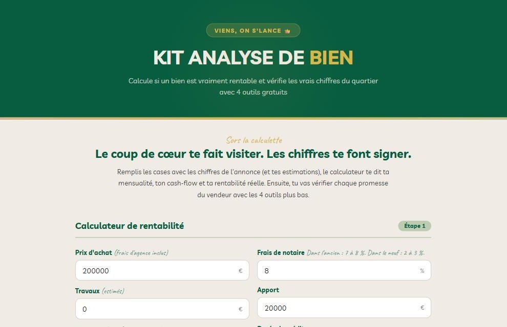 Le calculateur de rentabilité du kit immo avec les champs prix d'achat, frais de notaire et apport